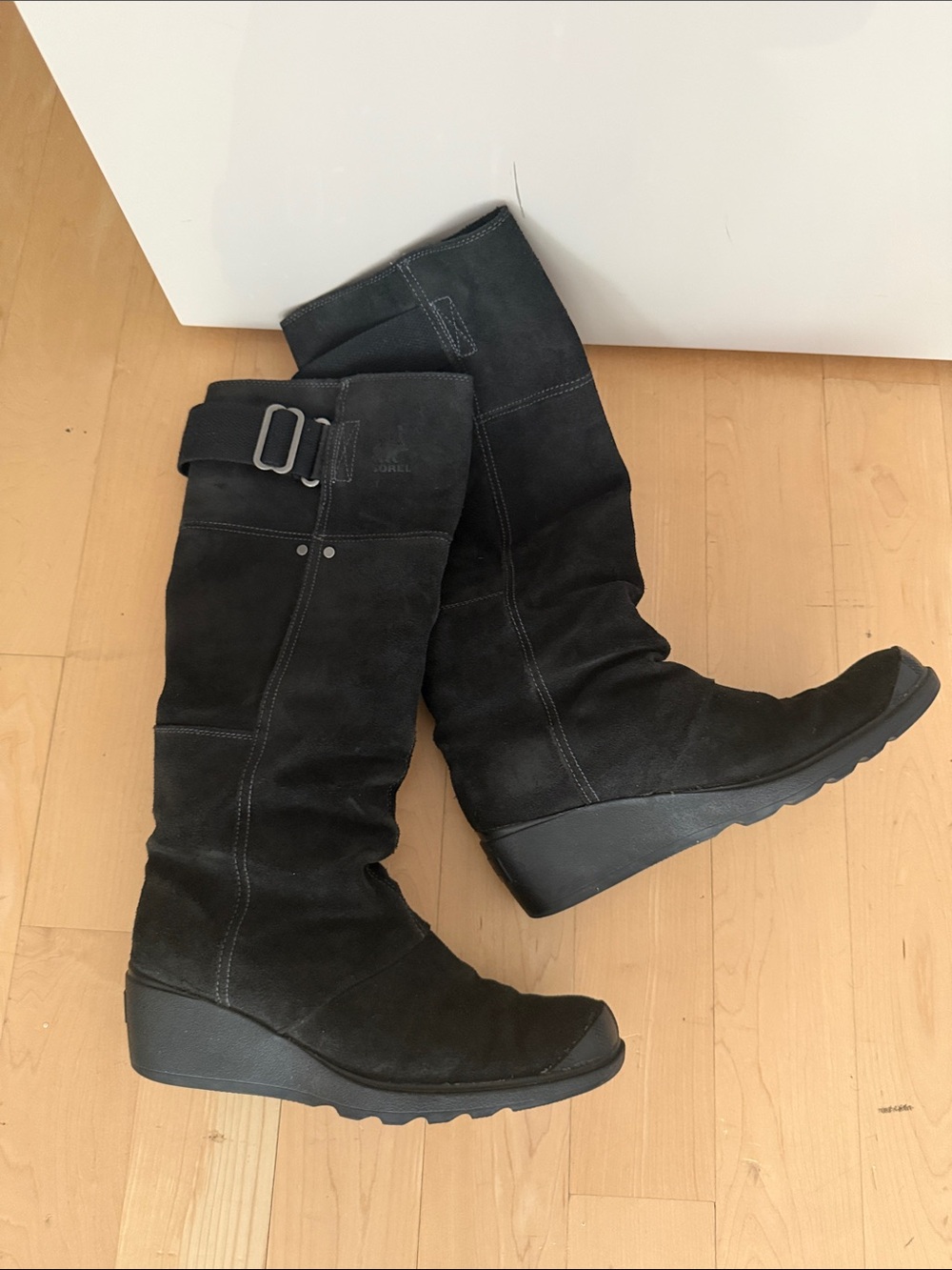 Sorel Black Suede Over-the-Knee Wedge Boots with Buckle